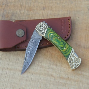 Handmade Damascus Pocket knife Green Dollar sheet Handle image 5