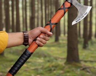 Hand Forged Viking Axe with Rose Wood handle Birthday Gift For Father Camping Hatchet 5 Anniversary gift for Him Thanksgiving Christmas Gift
