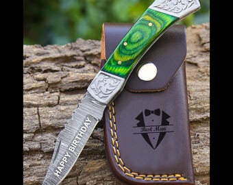 Handmade Damascus Pocket Knife With Pakka Wood Handle Birthday Gift Folding Knife Groomsmen Anniversary Gift Boyfriend Fathers day Gift