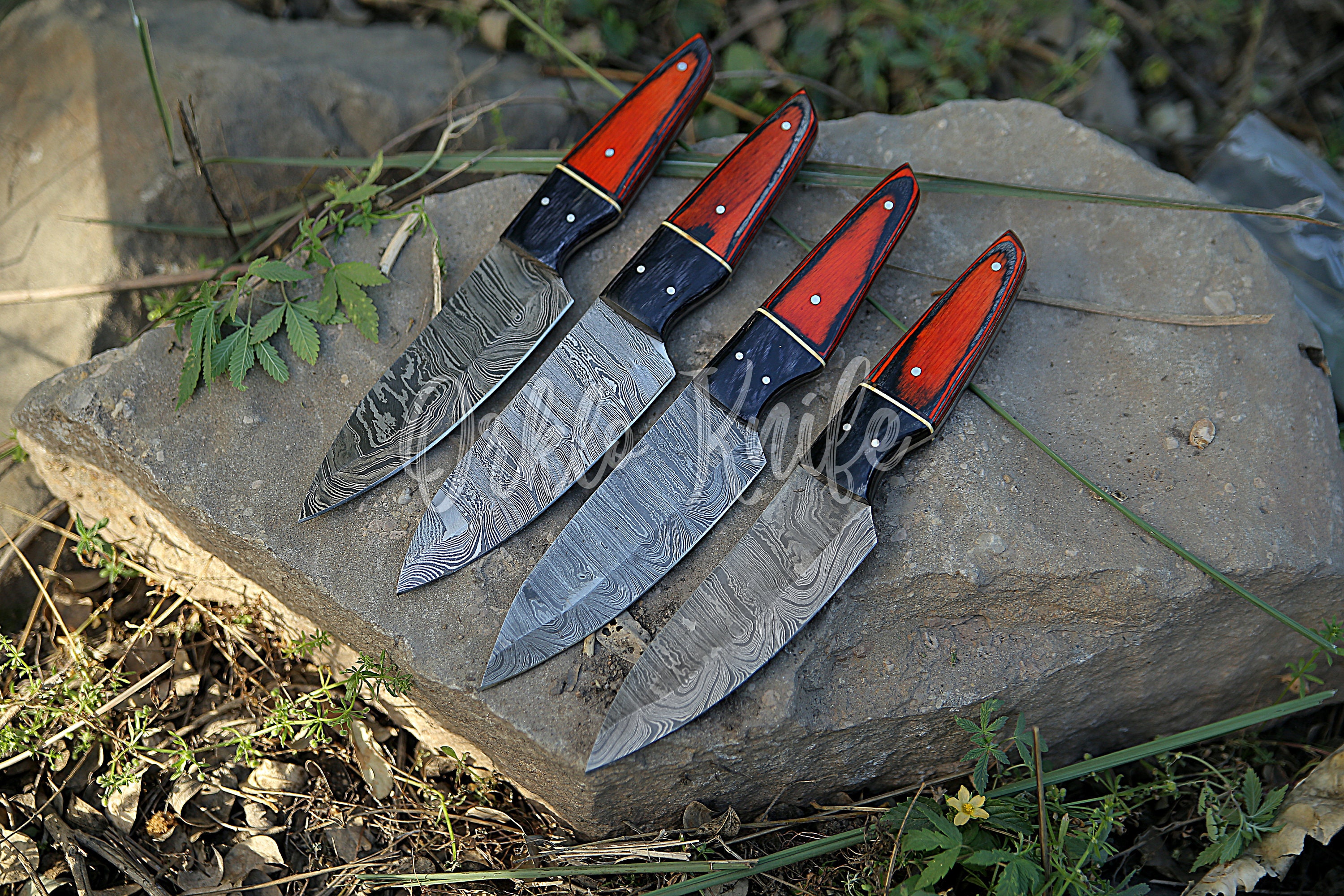 Handmade Damascus Steak Knives Set of 4 Pcs Utility Chef Knife Set. Overall  9.5''Inches length of Steak Knives. 4 Piece Steak Dinner Knife Set with