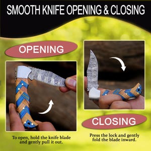 May include: A folding pocket knife with a Damascus steel blade and a handle featuring a blue and natural wood chevron pattern. The image includes text: SMOOTH KNIFE OPENING & CLOSING, OPENING, CLOSING, To open, hold the knife blade and gently pull it out.