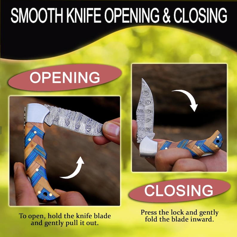 May include: A folding pocket knife with a Damascus steel blade and a handle featuring a blue and natural wood chevron pattern. The image includes text: SMOOTH KNIFE OPENING & CLOSING, OPENING, CLOSING, To open, hold the knife blade and gently pull it out.