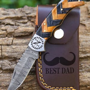 Personalized Handmade Damascus Steel Pocket Knife Blue Handle Best dad Gift for Men Folding Knife Groomsmen 11 year Anniversary Husband Gift Black