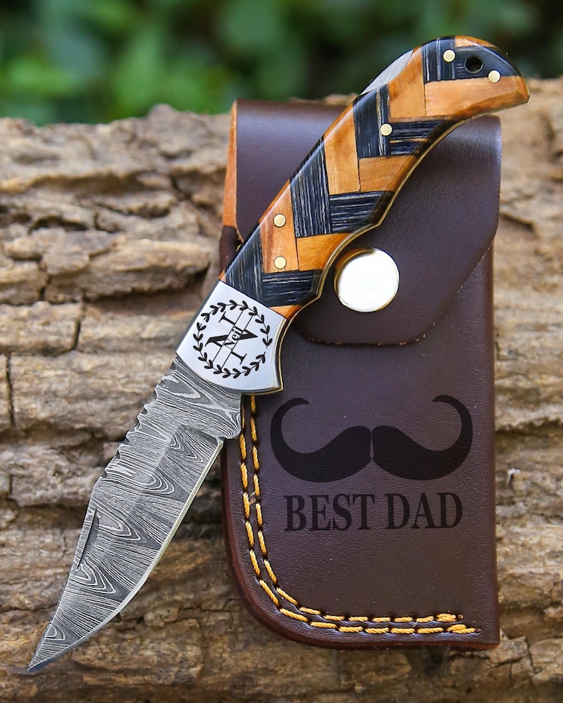 Personalized Handmade Damascus Steel Pocket Knife Blue Handle Best dad Gift for Men Folding Knife Groomsmen 11 year Anniversary Husband Gift Black