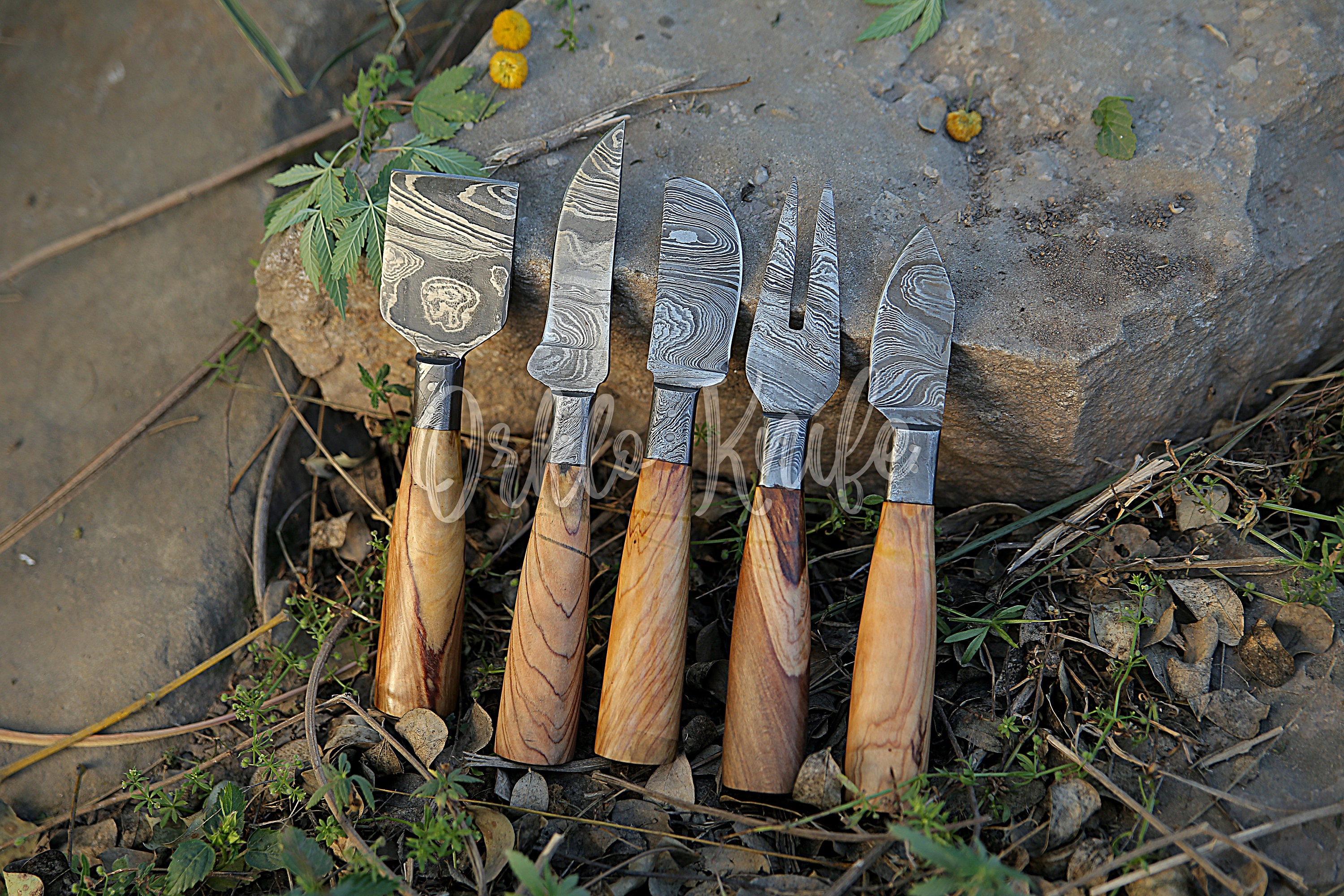 Handmade Damascus Cheese Knife Set of 5 Pcs With Olivewood Etsy