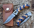 Personalized Handmade Pocket Knife Blue Wood Handle Folding Knife 7th Anniversary Gift Groomsman Gift for him Wedding Gift for Dad Christmas