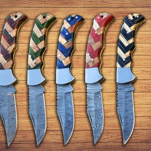 Personalized Handmade Damascus Steel Pocket Knife Blue Handle Best dad Gift for Men Folding Knife Groomsmen 11 year Anniversary Husband Gift image 17