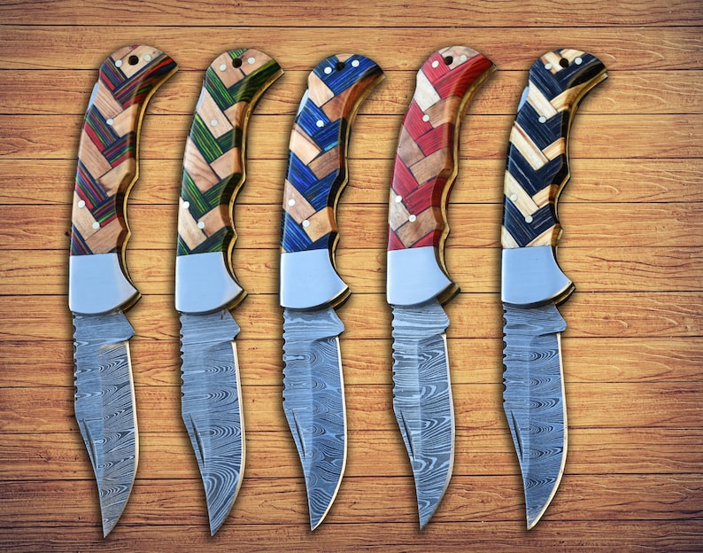 Personalized Handmade Damascus Steel Pocket Knife Blue Handle Best dad Gift for Men Folding Knife Groomsmen 11 year Anniversary Husband Gift image 17