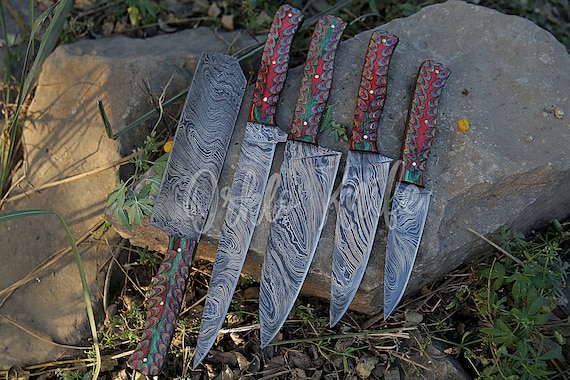 Handmade Damascus Chef Knife Set of 5 With Multicolor Dollar Sheet