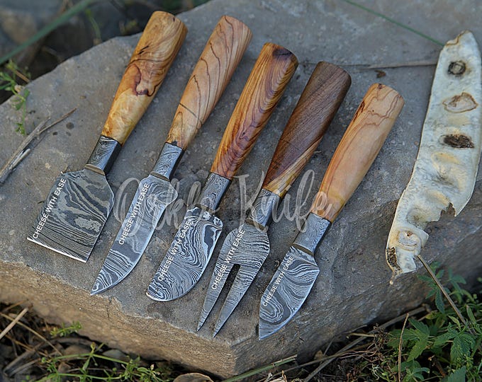Handmade Damascus Cheese Knife Set of 5 Pcs With Olivewood Handle Birthday Gift Steak Knife Groomsmen Gift Thanksgiving Gift For Husband