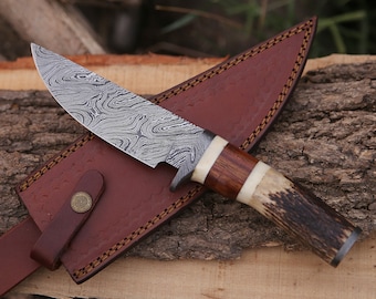 Couteau de dépeçage fait main en acier damas avec poignée, couteau de chasse, cadeau d'anniversaire, cadeau d'anniversaire de mariage pour homme, cadeau pour mari et papa en plein air