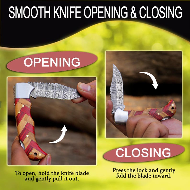 May include: A folding pocket knife with a patterned Damascus steel blade and a handle featuring a herringbone design in red and natural wood tones. The image includes text instructions for opening and closing the knife with white arrows.