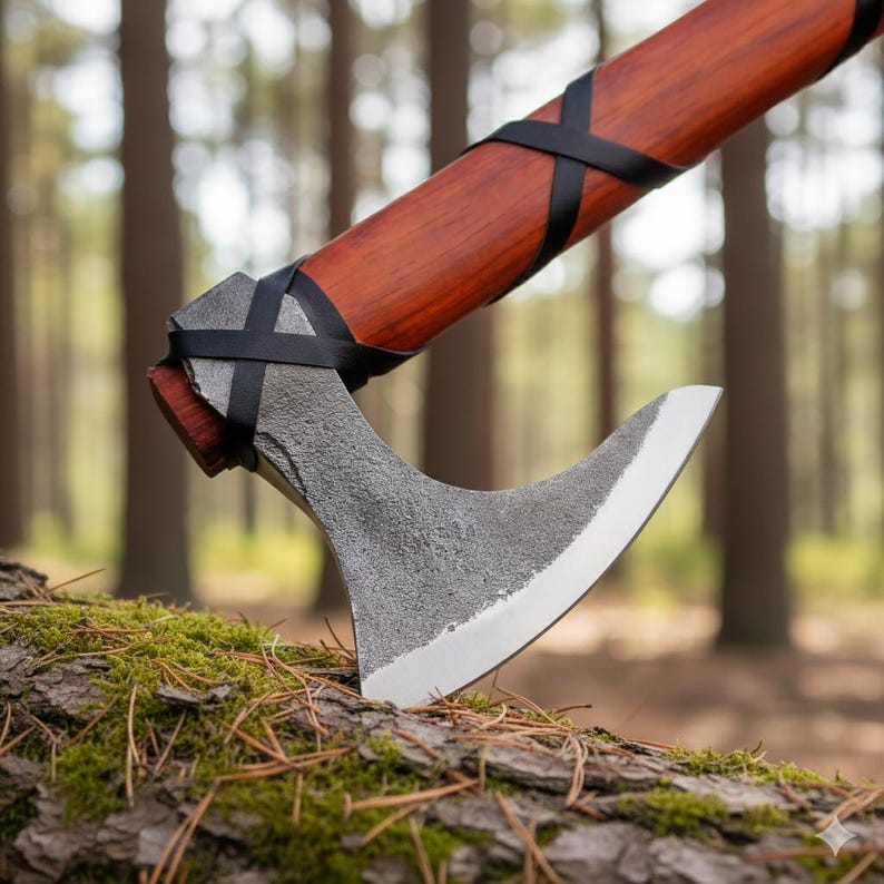 May include: A handcrafted axe with a wooden handle and a steel blade. The handle is a rich brown colour, wrapped with black leather straps. The axe head is grey with a sharp, curved blade. The axe is resting on a moss-covered log.