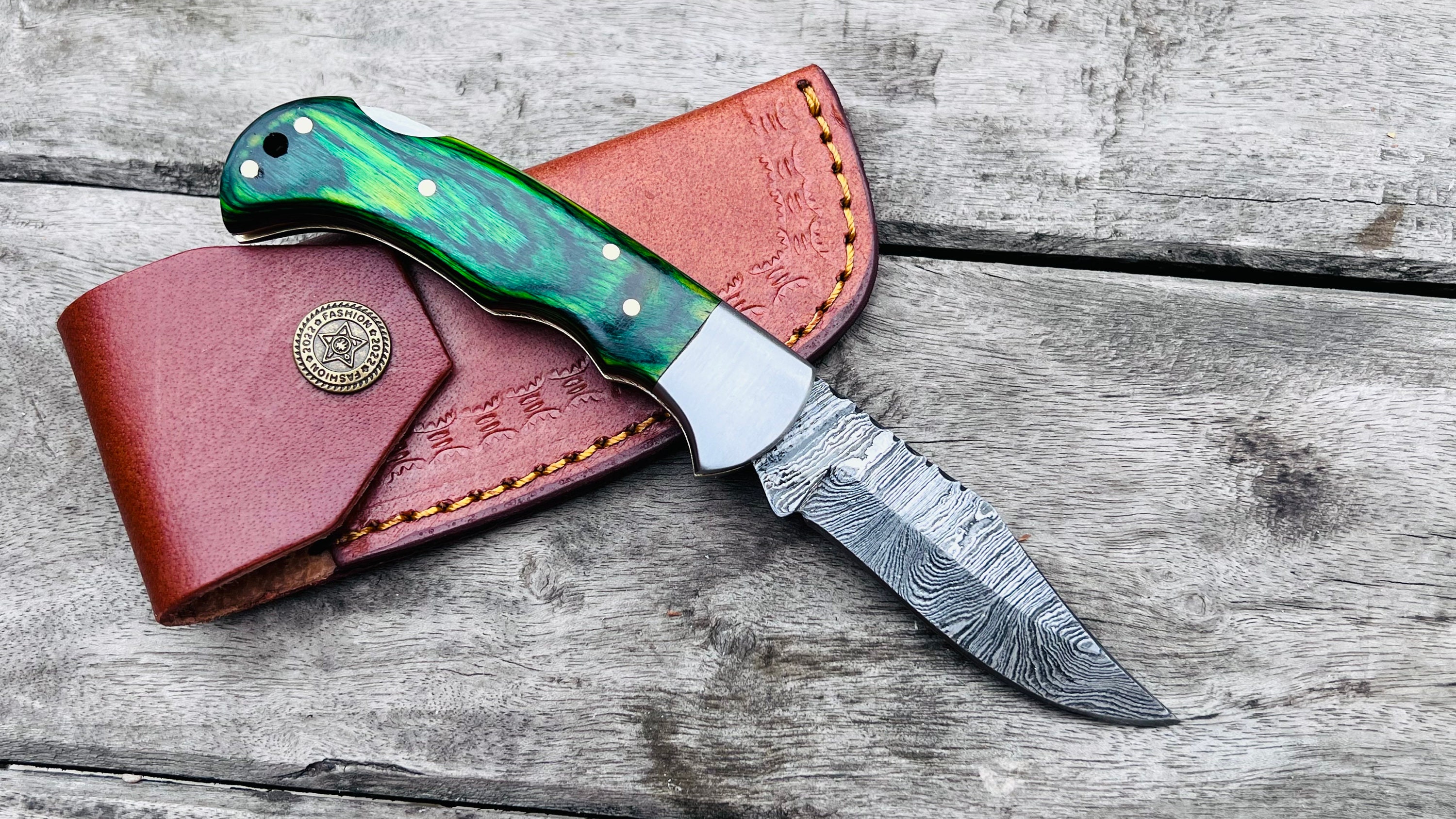 Handmade Damascus Pocket Knife Rose Wood Handle Birthday Gift