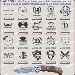 May include: A promotional image showcasing a variety of monogram options for engraving on a knife. The image includes sample monograms, text, and dates, with a colorful knife at the bottom. The text reads "WELCOME to wide Range of monograms".
