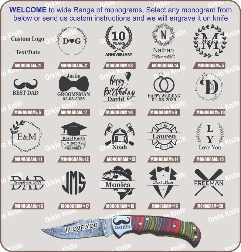 May include: A promotional image showcasing a variety of monogram options for engraving on a knife. The image includes sample monograms, text, and dates, with a colorful knife at the bottom. The text reads "WELCOME to wide Range of monograms".