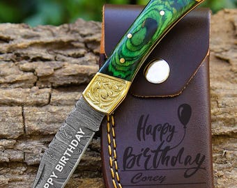 Navaja de bolsillo de Damasco hecha a mano con mango de hoja de dólar verde, regalo de cumpleaños, cuchillo plegable con cierre trasero, regalo para padrinos de boda, regalo personalizado para hombres.
