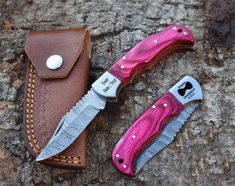 Handmade Damascus Pocket Knife pink Handle Birthday Gift Folding Knife Groomsmen Gift Anniversary Wedding Gift Thanksgiving Gift Love