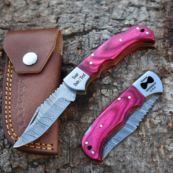 Handmade Damascus Pocket Knife pink Handle Birthday Gift Folding Knife Groomsmen Gift Anniversary Wedding Gift Thanksgiving Gift Love