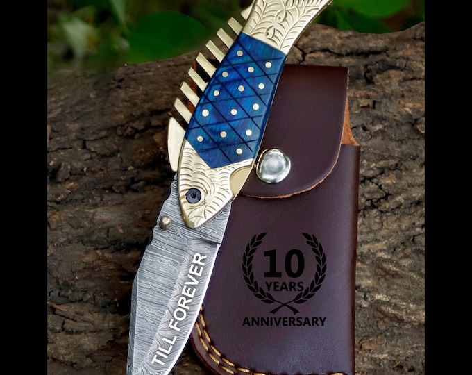 Luxury Damascus Fish Pocket Knife Blue Wood Handle Birthday Gift Folding Knife Best man Gift Anniversary Wedding Personalized Gift for Men