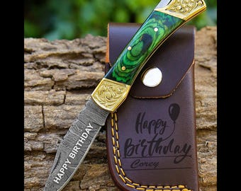 Handmade Damascus Pocket knife Green Dollar sheet Handle Birthday Gift Back Lock Folding knife Groomsmen Gift Personalized Men Gift For Men