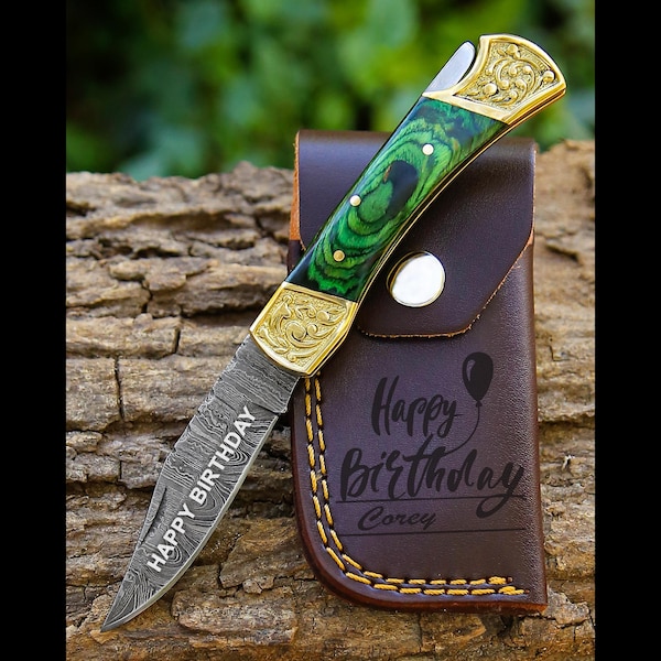 Handmade Damascus Pocket knife Green Dollar sheet Handle Birthday Gift Back Lock Folding knife Groomsmen Gift Personalized Men Gift For Men
