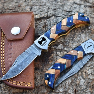 Personalized Handmade Pocket Knife Blue Wood Handle Folding Knife 7th Anniversary Gift Groomsman Gift for him Wedding Gift for Dad Christmas