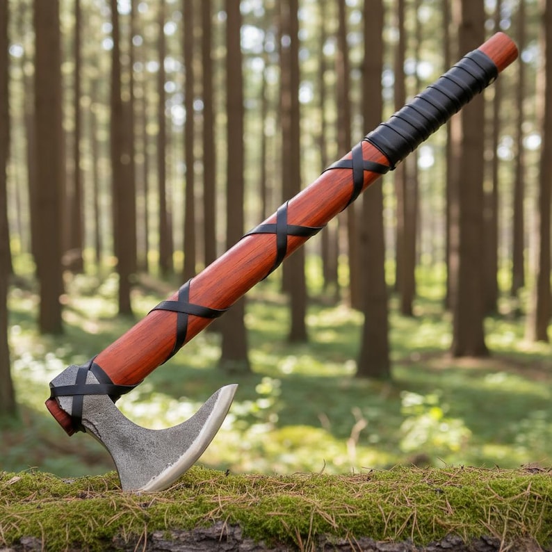 May include: A traditional axe with a wooden shaft and a metal blade. The shaft is stained reddish-brown and bound with black leather. The axe head is silver and has a curved blade. The axe is resting on a mossy log in a forest setting.