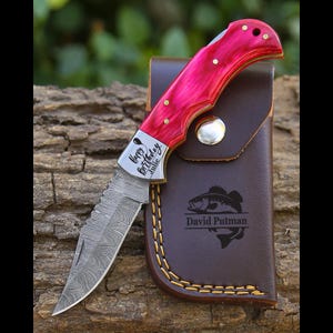 Handmade Damascus Pocket Knife pink Handle Birthday Gift Folding Knife Groomsmen Gift Anniversary Wedding Gift Thanksgiving Gift Love