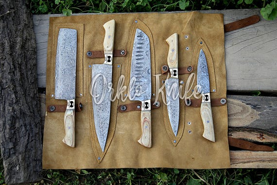 Handmade Damascus Chef Knife Set of 5Pcs With Brown Pakka Wood and Brass Gift for Husband Kitchen Knife Groomsmen Gift Lover Gift for dad