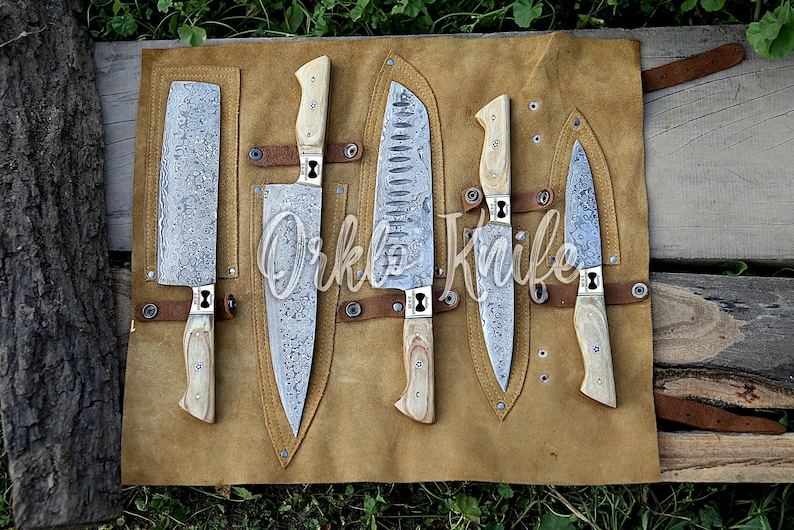 Handmade Damascus Chef Knife Set of 5Pcs With Brown Pakka Wood and Brass Gift for Husband Kitchen Knife Groomsmen Gift Lover Gift for dad image 1