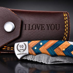 Personalized Handmade Damascus Steel Pocket Knife Blue Handle Best dad Gift for Men Folding Knife Groomsmen 11 year Anniversary Husband Gift image 5