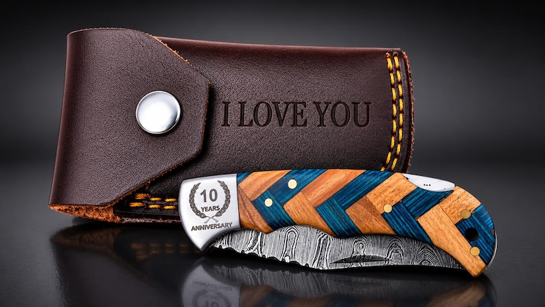 Personalized Handmade Damascus Steel Pocket Knife Blue Handle Best dad Gift for Men Folding Knife Groomsmen 11 year Anniversary Husband Gift image 5