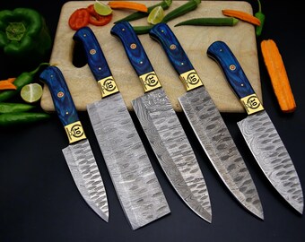 Handmade Damascus Chef Knife Set Of 5 Pcs With Blue Dollar Sheet Handle Father's Day Gift Kitchen Knife Groomsmen Gift BBQ Gift For Husband