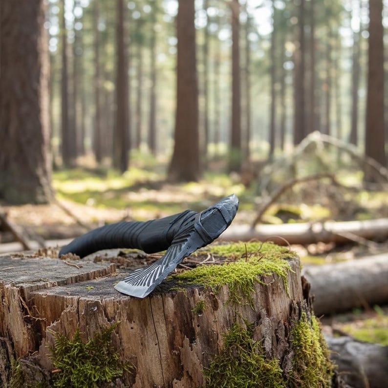 May include: A black axe with a silver blade and white stripes rests on a moss-covered tree stump. The axe handle is wrapped in black material. The background features a blurred forest scene with tall trees and sunlight.