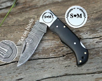 6.5" Handmade Damascus Steel Back Lock Pocket Knife Groomsman Gift Black Resin Handle Birthday Gift Folding Knife Wedding Gift for Men &Love