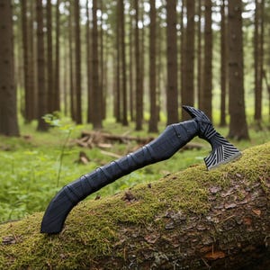 May include: A black axe with a wrapped handle and a patterned silver blade rests on a moss-covered log. The axe is set against a backdrop of a dense forest with tall, straight trees.