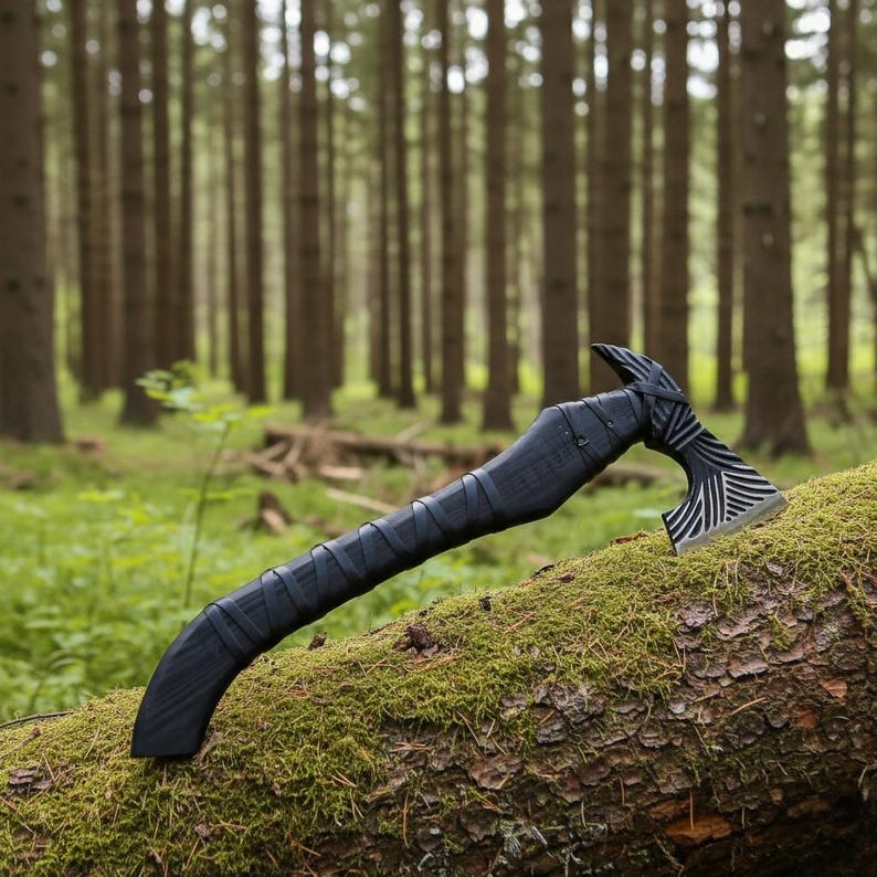 May include: A black axe with a wrapped handle and a patterned silver blade rests on a moss-covered log. The axe is set against a backdrop of a dense forest with tall, straight trees.