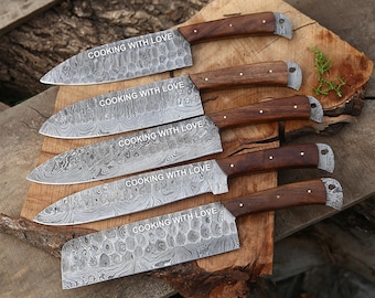 Handmade Damascus Chef Knife Set Of 5 PCS With Rosewood Handle Kitchen Knife Groomsmen Gift wedding Anniversary Gift For Husband Dad & Son