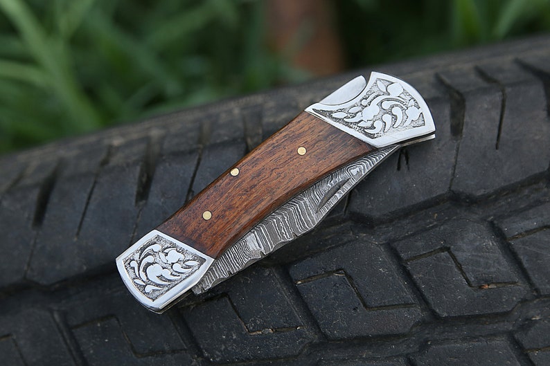 Handmade Damascus Pocket Knife Rose Wood Handle Birthday Gift Folding Knife Groomsmen Anniversary Gift Personalized Gift for Boy friend Love image 6