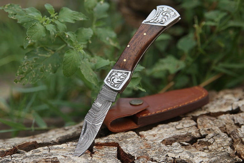 Handmade Damascus Pocket Knife Rose Wood Handle Birthday Gift Folding Knife Groomsmen Anniversary Gift Personalized Gift for Boy friend Love image 7