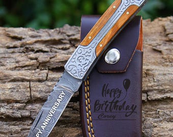 Custom Damascus Steel Pocket Knife, Olive Wood Handle With Leather Sheath Engraved Groomsmen Anniversary Present