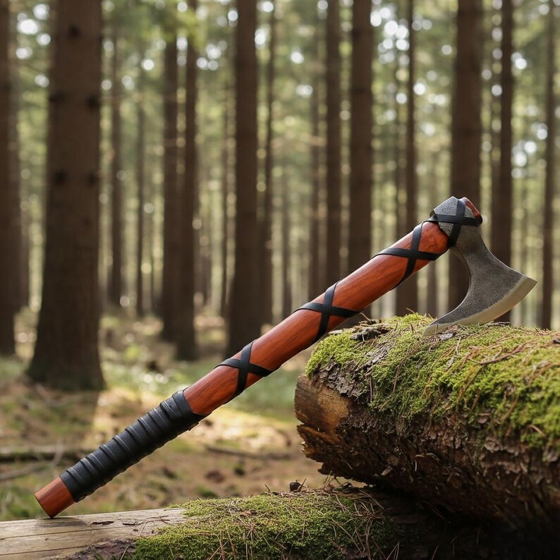 May include: A Viking axe with a wooden handle wrapped in black leather. The axe head is grey and the handle is a reddish-brown colour. The axe is resting on a moss-covered log in a forest setting.