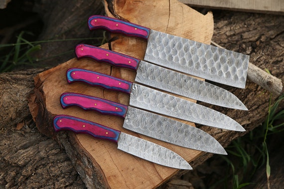 Damascus Chef Set of 5pcs With Leather Cover Handmade, Pink Purple Set,  Damascus Knife Set, Kitchen Knives Set, Birthday& Anniversary Gift 