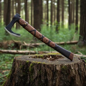 May include: A handcrafted axe with a dark metal blade and a wooden handle. The handle is wrapped with leather and features etched runes. The axe is displayed on a tree stump in a forest setting.