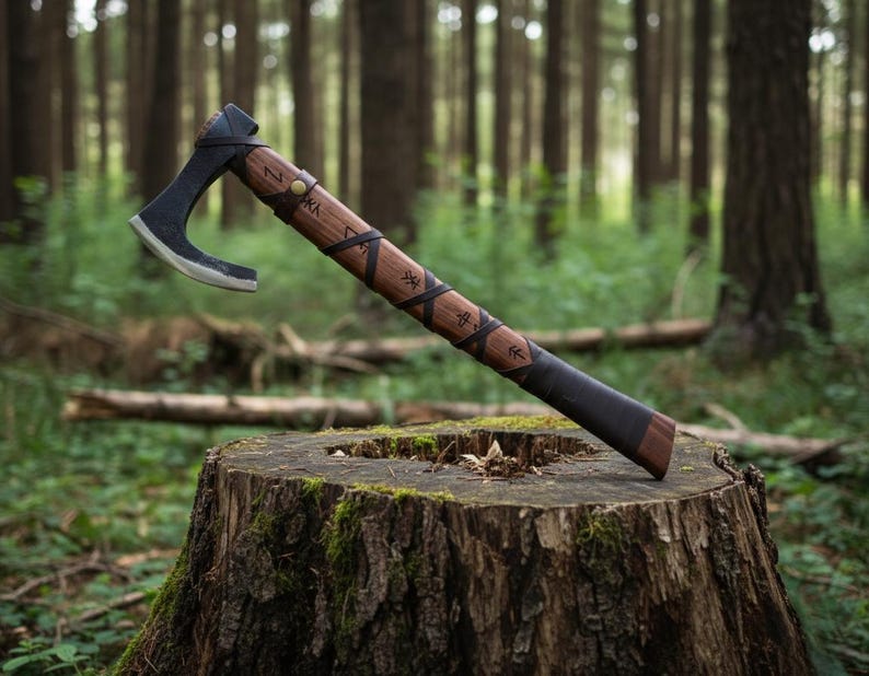 May include: A handcrafted axe with a dark metal blade and a wooden handle. The handle is wrapped with leather and features etched runes. The axe is displayed on a tree stump in a forest setting.