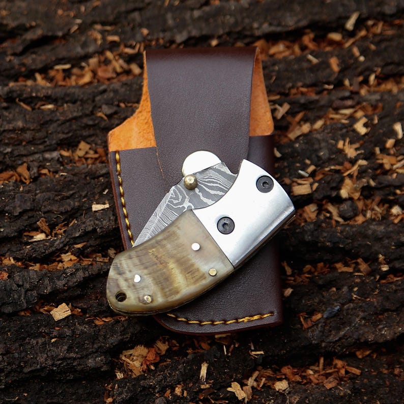 May include: A folding pocket knife with a patterned blade and a horn handle, resting in a brown leather sheath. The knife has a silver bolster and is secured with small rivets. The sheath is stitched with yellow thread.