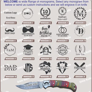 May include: A display chart featuring twenty distinct black engraved monogram designs for knife customization, including text, dates, and icons. Below the chart, a folding pocket knife with a multi-colored handle and a blade engraved with "I LOVE YOU" and "BEST DAD" is shown.