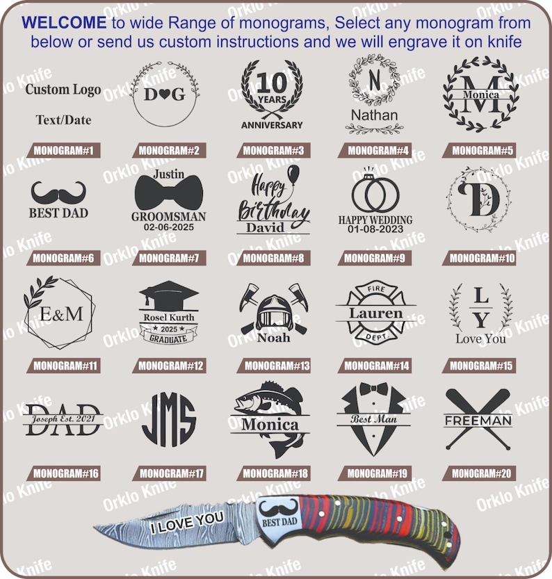 May include: A display chart featuring twenty distinct black engraved monogram designs for knife customization, including text, dates, and icons. Below the chart, a folding pocket knife with a multi-colored handle and a blade engraved with "I LOVE YOU" and "BEST DAD" is shown.