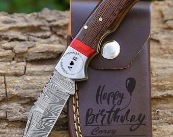 Handmade Damascus Pocket Knife Wangi Wood Handle Birthday Gift Folding Knife Bestman Gift 10th Anniversary Wedding Gift Father day Gift Love